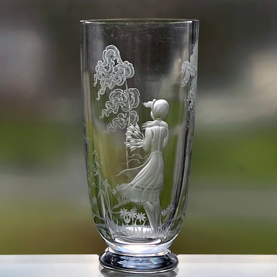 Kjellander Woman in Traditional Swedish Costume, Engraved on Lead Crystal Flower Vase, 1950s, Small Scratches