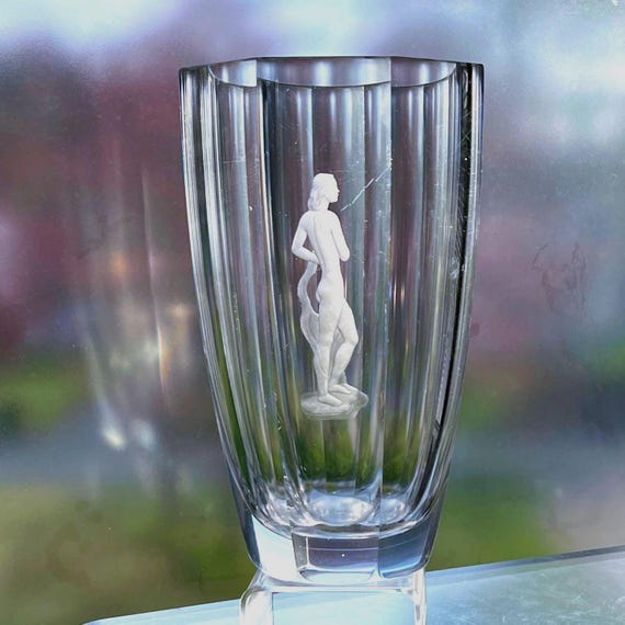 Orrefors Engraved Nude Man on a Large Swedish Crystal Vase