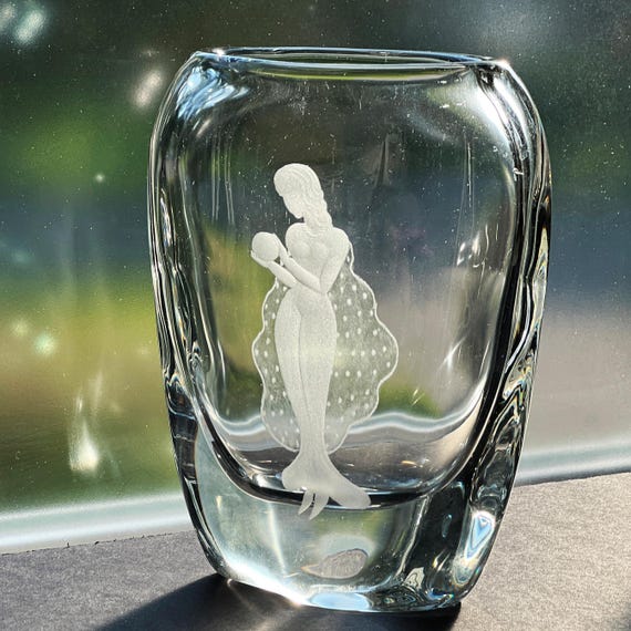 Vintage Swedish Glass Vase, Engraved with a Nude and a Pearl