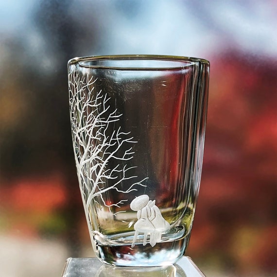 Ekenäs Vase Two People Under Umbrella and Tree Engraved Swedish Crystal