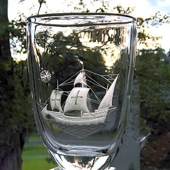 Kosta Lindstrand "La Santa Maria" Very Large Vase Engraved Christopher Columbus Ship