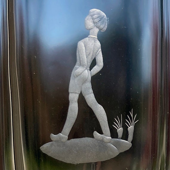 Orrefors Palmqvist 1957 Nils Holgersson, Boy Watching Flying Geese, Copper-Wheel Engraved Lead Crystal Vase
