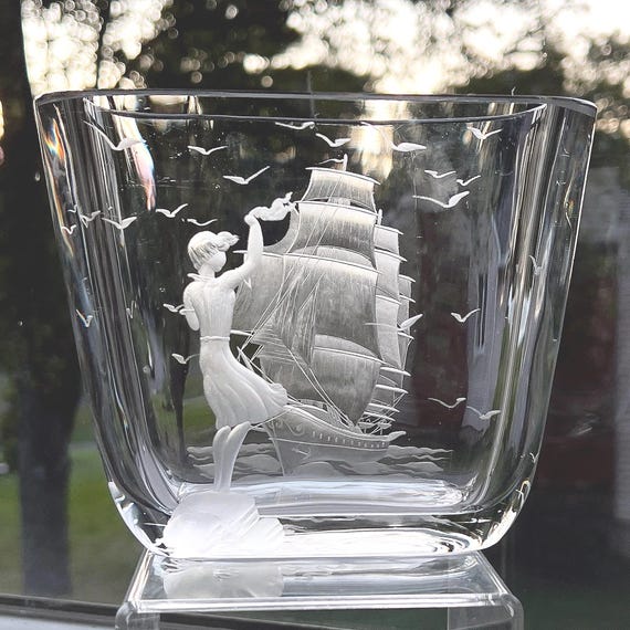 Woman Waving to a Ship, Engraved on Swedish Lead Crystal Vase by Kjellander