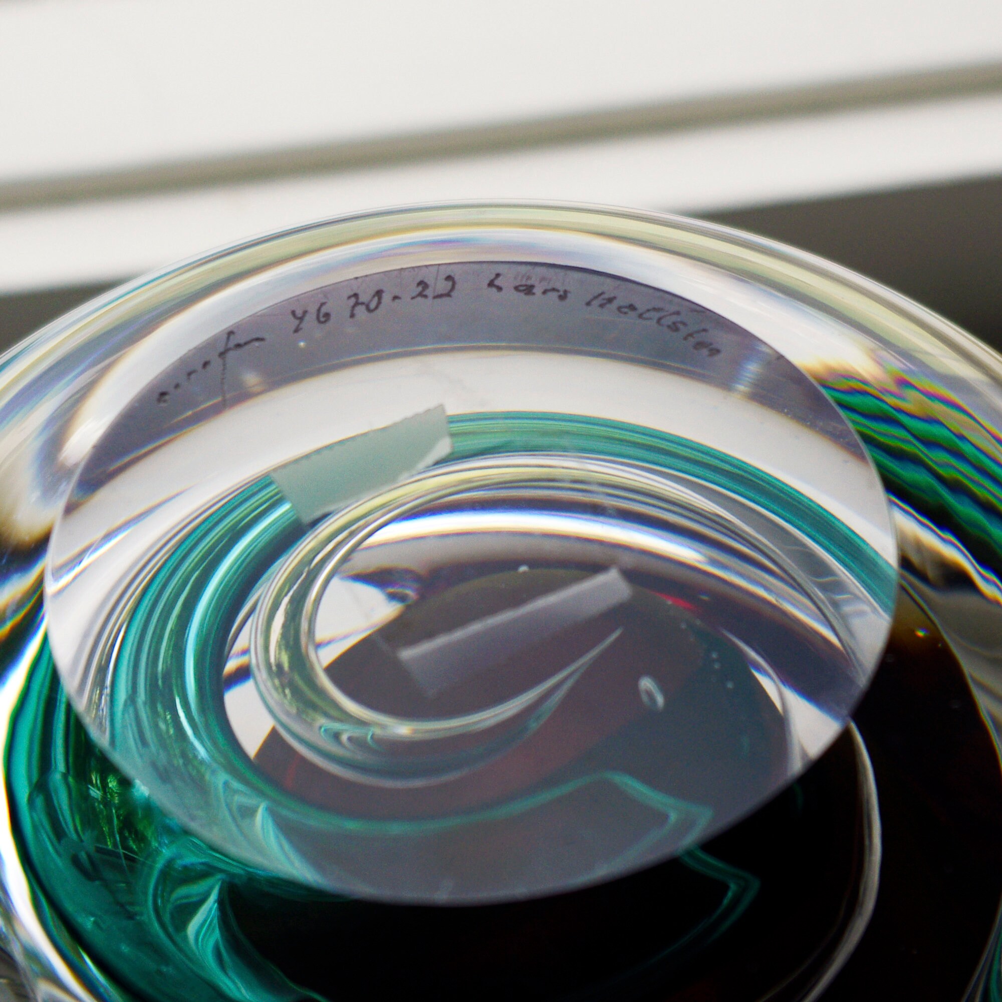 Lars Hellsten Glass Globe Vase, Hand Blown, Teal and Ruby Lars Hellsten Glass Globe Vase, Hand Blown, Teal and Ruby