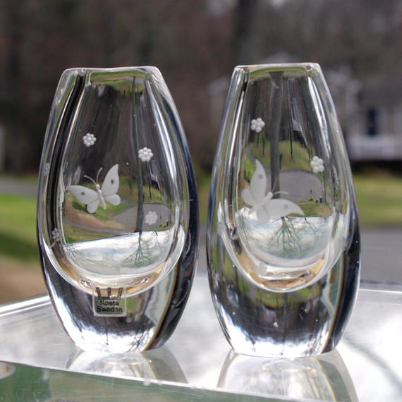 Kosta Sweden Pair of Engraved Butterfly Mini Vases, Elis Bergh Reissued Design
