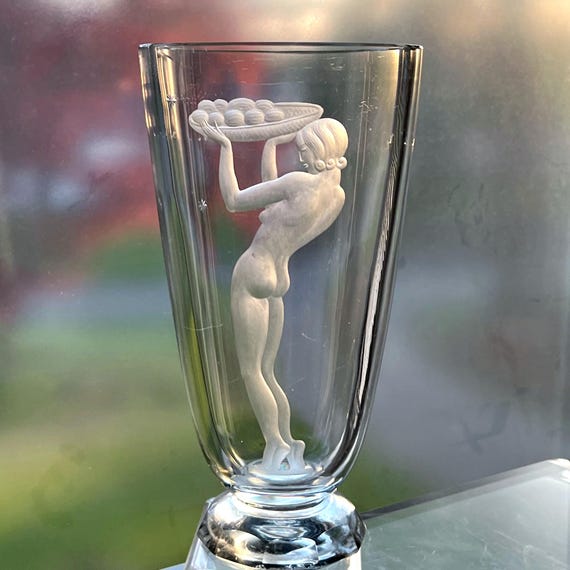 Kjellander 1940s Naked Woman Holding a Basket of Fruit, Engraved Swedish Lead Crystal Vase