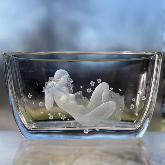 Orrefors Palmqvist Nude Woman 1940s Engraved Crystal Rectangular Vase, Letter Holder, Jardiniere