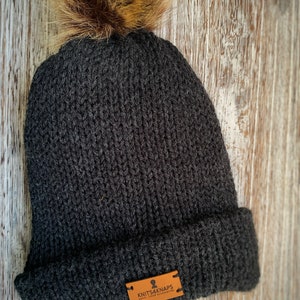 Satin Lined Knitted Toque pompom to lock in moisture charcol