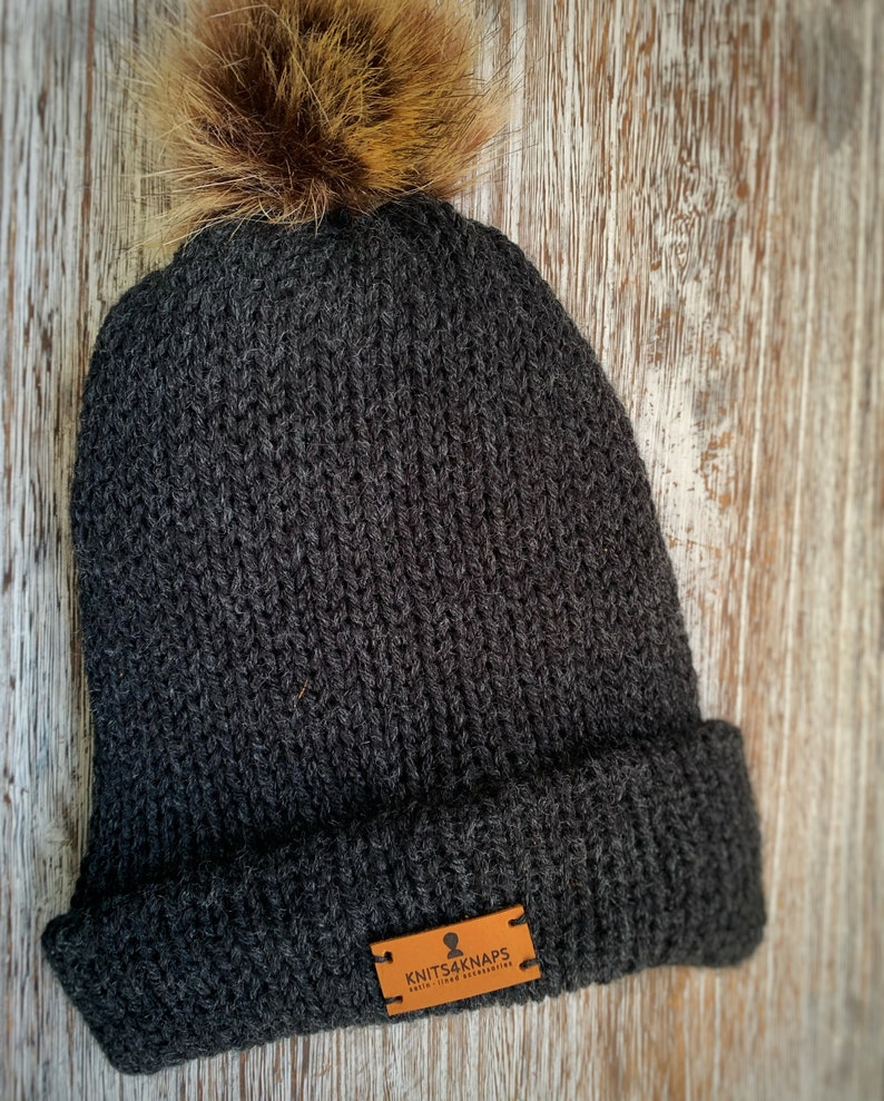 Satin Lined Knitted Toque pompom to lock in moisture charcol