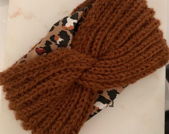 Handmade knitted headband with satin lining for the winter (turban styled)