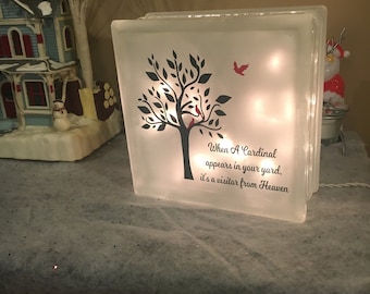 When A Cardinal Appears In Your Yard, It's a Visitor From Heaven, Glass Block, Memorial Gift