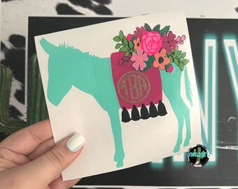 Floral Donkey Monogram Vinyl Decal | Burro Sticker for Car, Tumbler, Laptop, Cup, Etc.