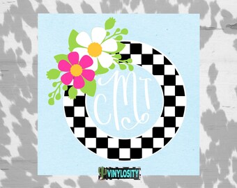 Floral Checkered Monogram Decal | Custom Floral Monogram | Personalized Decal | Custom Cup Stickers | Car Decal | Laptop Sticker