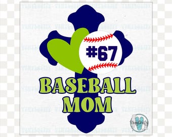 May include: A baseball-themed design featuring a navy blue cross shape with a green heart and a baseball. The baseball has red stitching and the number 67. The words "BASEBALL MOM" are in green and navy blue.