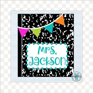 May include: A notebook-themed design with a black and white speckled background. The design features a banner of colorful pennants and the text "Mrs. Jackson" in teal. The text is inside a white rectangle with teal polka dots.