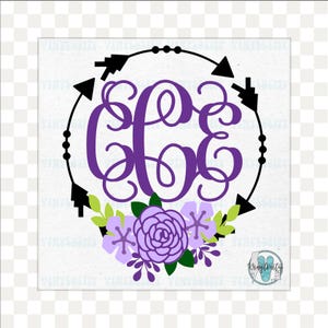 May include: A purple monogram with the letters C, E, and G, surrounded by a black arrow circle. The design includes a floral arrangement with purple and green accents, creating a decorative and personalized aesthetic.