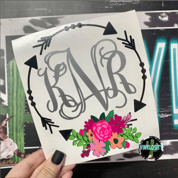 Floral Arrow Monogram Vinyl Decal | Personalized Sticker for Car, Tumbler, Laptop, Etc.
