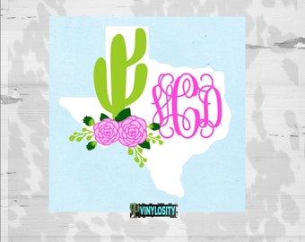 Personalized Floral State Vinyl Monogram | Cactus Decal | Cup Decal | Car Decal | Texas Cup Decal | Texas Car Decal | ALL STATES AVAILABLE