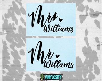 Set of 2: Mr & Mrs Name Vinyl Decals | Engaged Decal | Wedding Decal | Monogram Decal | Car Decal | Cup Decal | Vinyl Decal | Wedding Gift