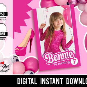 May include: Pink printable birthday invitation featuring a photo of a girl wearing a pink sparkly dress. The invitation reads "Bonnie is turning 7" and includes a pink high heel shoe graphic.