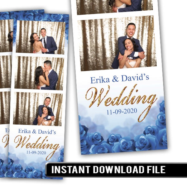 Blue Roses Photo Booth Template, Wedding Photo Booth Template, Floral Photo Booth Template 2x6 Strip