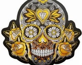 Gold Rose Flower Sugar Skull Embroidered Giant XL Back Patch Backpatch