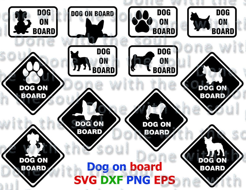 Puede incluir: Un conjunto de diez se&ntilde;ales de "perro a bordo" en blanco y negro. Las se&ntilde;ales presentan diferentes razas de perros, incluyendo un pug, un dachshund, un terrier y una huella de pata. Las se&ntilde;ales son perfectas para las ventanas de los coches o para usar como calcoman&iacute;as.