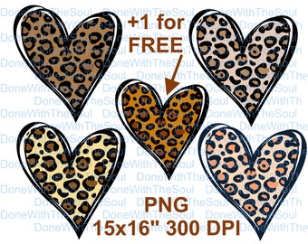 May include: Three leopard print heart designs in brown, orange, and black and white. The hearts are outlined in black and have a white background. The text "+1 for FREE" is written in brown above the hearts. The text "15x16" 300 DPI" is written in brown below the hearts. The text "PNG" is written in brown above the text "15x16" 300 DPI".