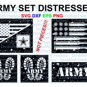 May include: A distressed black and white digital design featuring an American flag, a military star, and the word "ARMY" with boot prints. The design includes the text "NOT PIECES!!" and "SVG DXF EPS PNG".