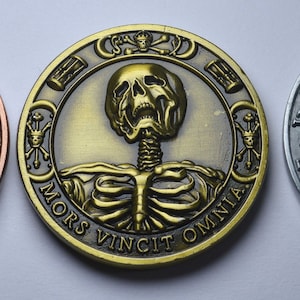 Trio of Memento Mori/Vivere Reminder Coins in Capsules. Stoic/Reflection. Tempus Fugit. High Relief, Heavy. Antique Gold, Silver, Copper