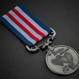 Our 10th (Tin) Wedding Anniversary Medal - Distinguished Service and Bravery in the Field. Gift/Present Husband/Wife 10 Years. Silver