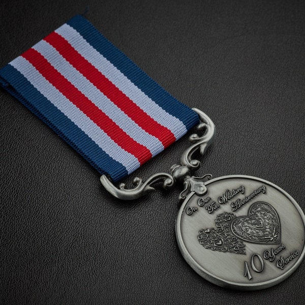 Our 10th (Tin) Wedding Anniversary Medal - Distinguished Service and Bravery in the Field. Gift/Present Husband/Wife 10 Years. Silver