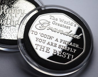 Happy Birthday Commemorative in Capsule - World's Greatest Grandad. 'Coin a Phrase'. Gift/Present. Silver. From Grandson/Granddaughter