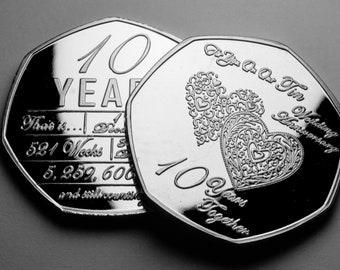 Voor jou op ons 10e TIN HUWELIJKSVERJAARDAG Zilveren herdenkingsmunt. Cadeau/huidige echtgenoot/vrouw/partner. 10 jaar samen.