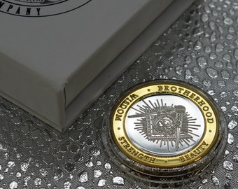Masonic 'Dual Metal' Silver and 24ct Gold Commemorative Coin in Gift/Presentation/Display Case/Box. Freemasons, Masonry, Masons, Compass
