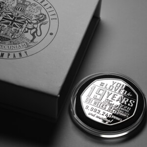 May include: A silver coin with the text "You Loved for 19 Years" and a count of weeks, days, hours, and minutes. The coin is in a clear plastic case.