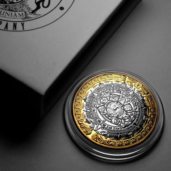 AZTEC CALENDAR Silver & 24ct Gold Commemorative in Gift Box. Mayan/Maya/Mexico/Mexica. Sun Stone. INCA. Americas/Mesoamerican. Gift/Present