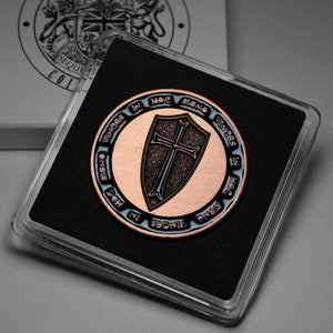 Masonic Knights Templar Antique Copper Commemorative Coin in Gift/Presentation Case. Blue Enamel. Freemasonry/Masons/Freemasons Lodge/Order