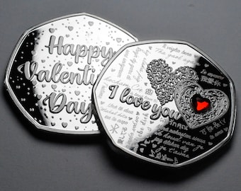 Feliz día de San Valentín, conmemorativo de plata con piedra preciosa y la frase "Te amo". Regalo para esposo, esposa, novia, novio o pareja.