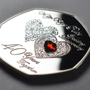 40th RUBY WEDDING ANNIVERSARY Silver Commemorative With Inlaid Gemstone ...