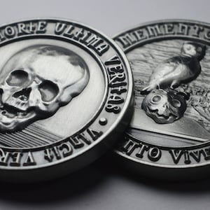 Memento Mori/Vivere Nickel Silver Reminder Coin in Capsule. Owl/Wisdom/Skull/Death. Stoic/Reflection. High Relief, Carved, Hobo, Heavy