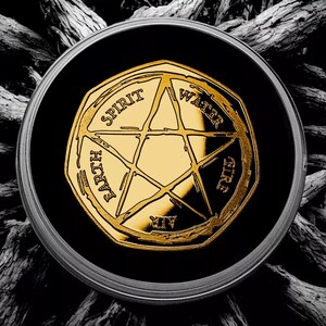 May include: A gold-colored pentagon-shaped coin with a five-pointed star in the center. The words "Spirit", "Water", "Earth", "Fire", and "Air" are inscribed around the star.