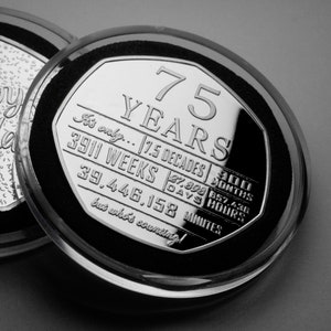 75th Birthday Silver Commemorative in Capsule. Gift/Present Congratulations/Party/Celebration/Ideas. Years Seventy. Grandad/Dad 75