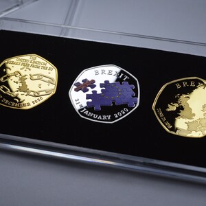 Trio of BREXIT Silver & 24ct Gold Commemoratives in 50p Coin Display Case. UK EU Politics United Kingdom Europe Referendum