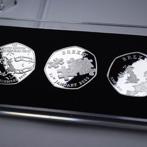 Trio of BREXIT Silver Commemoratives in 50p Coin Display Case. UK EU Politics United Kingdom Europe Referendum