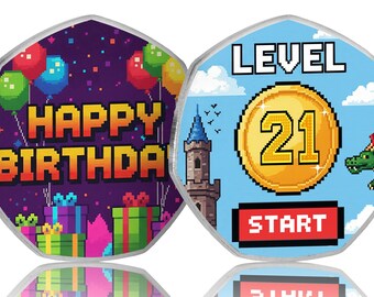 21st Birthday Full Colour Silver Commemorative Coin. Celebrating 21 Years Gift/Present Retro/Gaming Congratulations Son/Daughter/Grandson