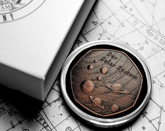 OUR SOLAR SYSTEM Antique Bronze Commemorative Coin in Gift Box. Planets/Stars/Sun/Moon Earth/Venus/Mars Space/Universe