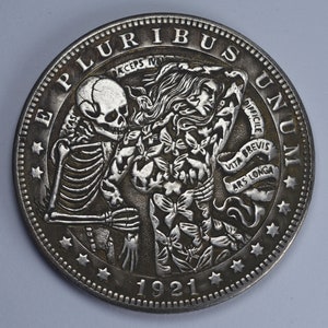 1899 Morgan Silver Dollar. Life/Death. Carved/Hobo Coin. 38mm 23g. .999 Plated Replica/Reproduction