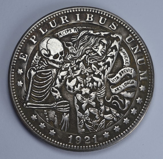 1899年モルガン銀貨。生死を象徴する彫刻入り/ホーボーコイン。直径