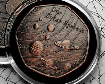 OUR SOLAR SYSTEM Antique Bronze Commemorative Coin in Capsule. Planets/Stars/Sun/Moon Earth/Venus/Mars Space/Universe